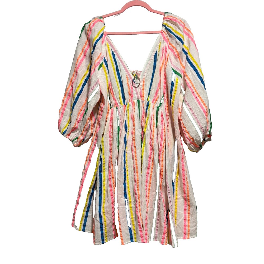 Gold & Silver Paris Shany Multi Stripe Cotton Balloon Sleeve Mini Dress‎ TU NWT